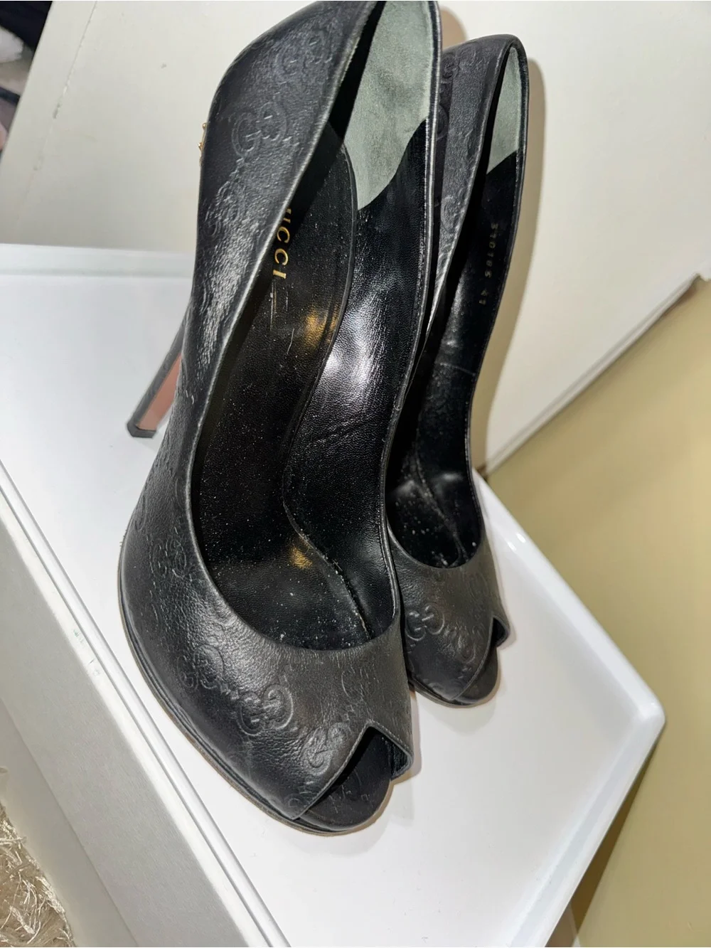Gucci Black Embossed GG Peep-Toe Stiletto Pumps